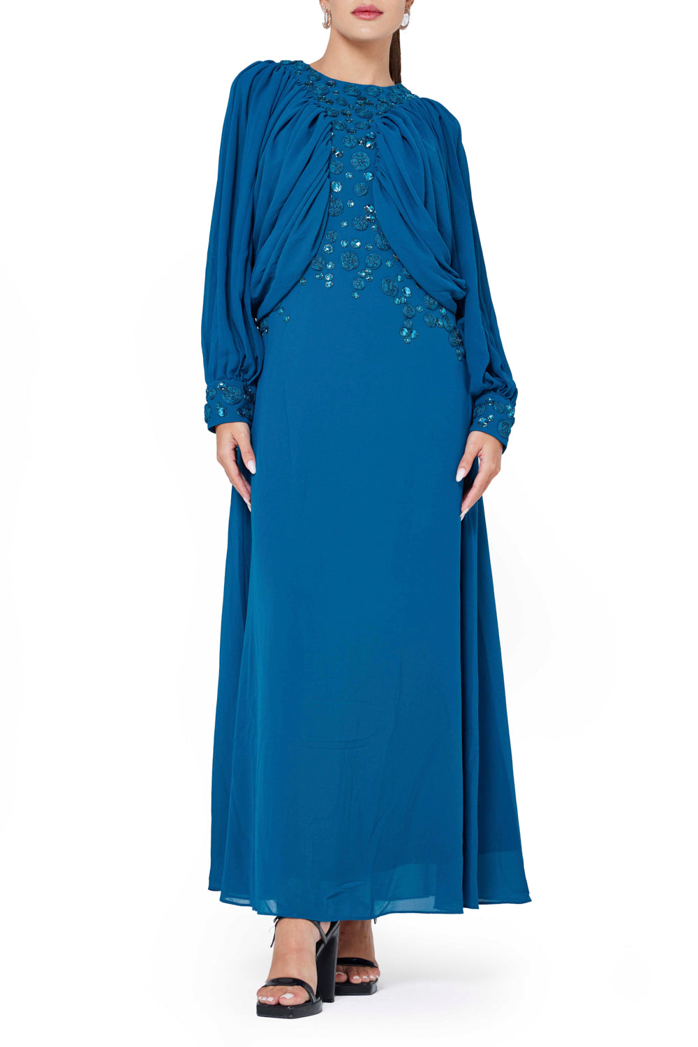 Ruched Front Embellished Evening Gown