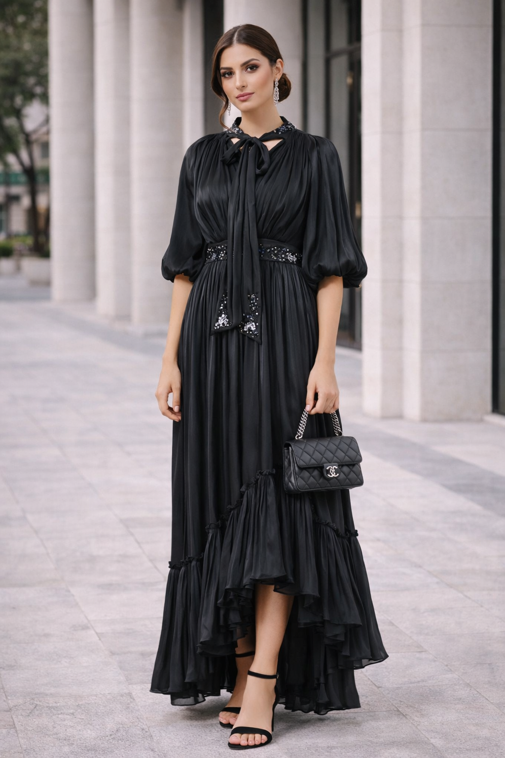 Tiered Pleated Tie-Neck Dress