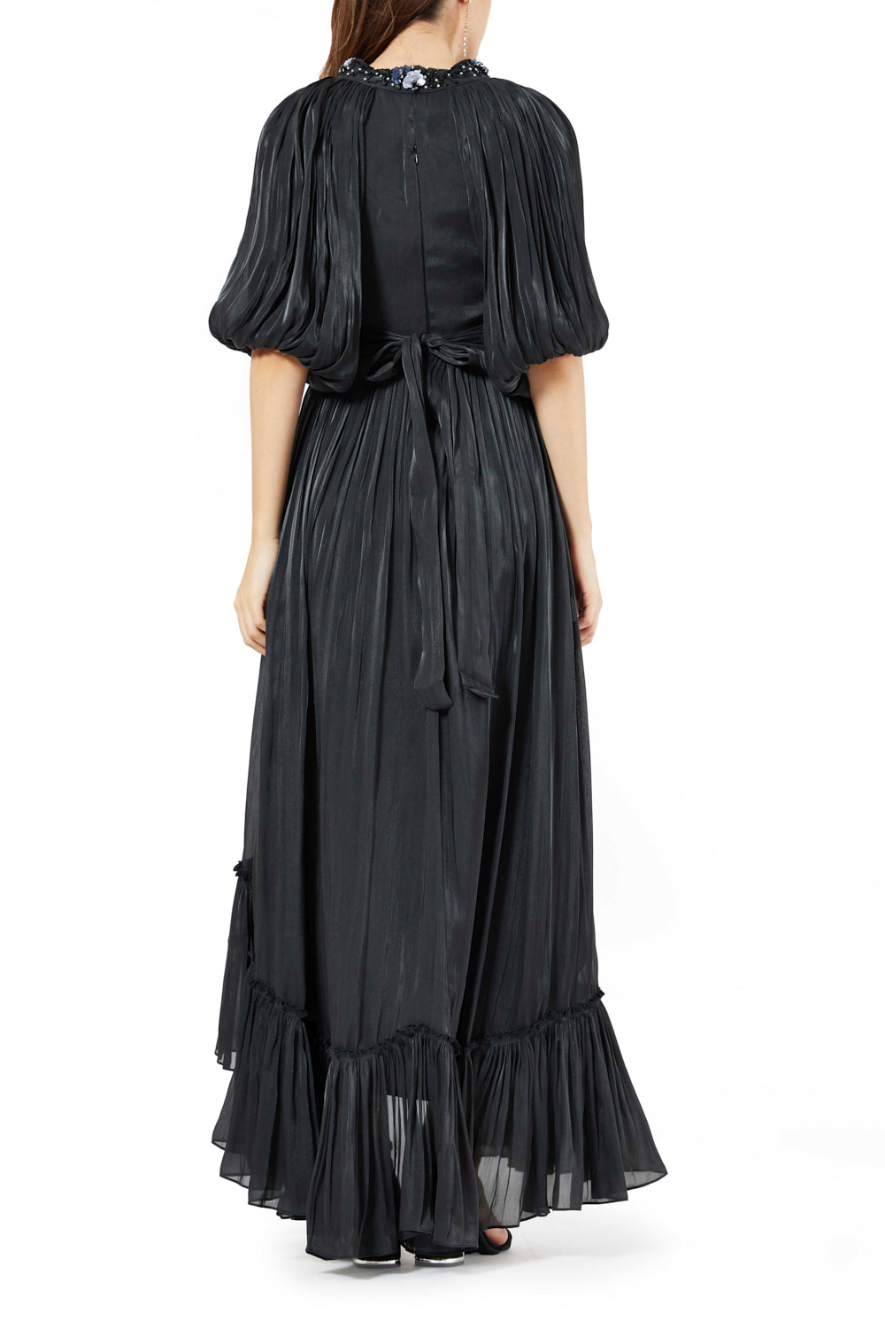 Tiered Pleated Tie-Neck Dress