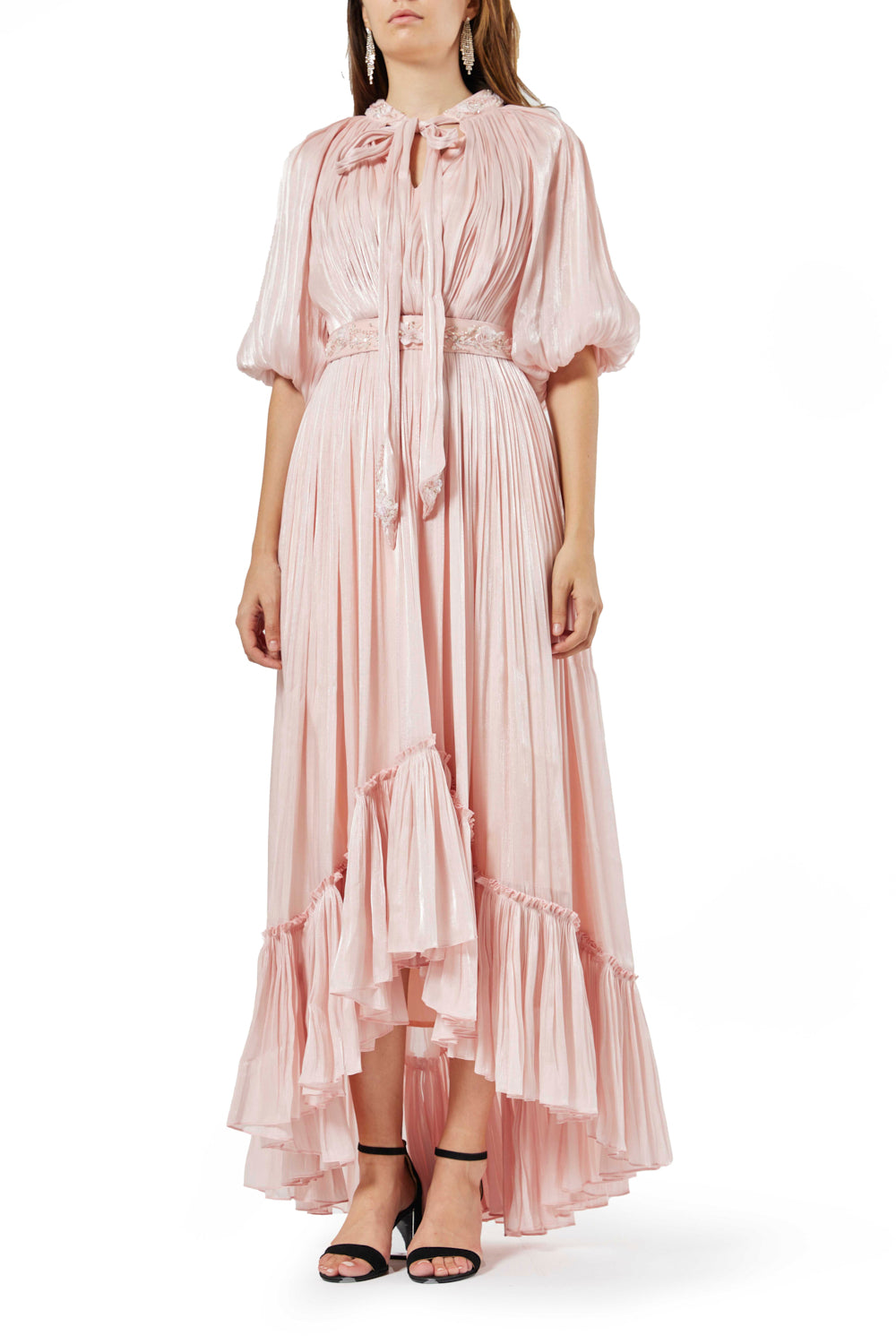 Tiered Pleated Tie-Neck Dress