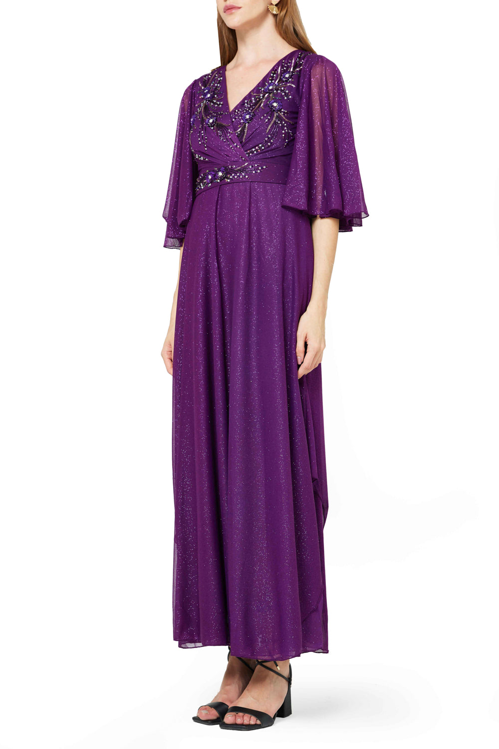 Shimmer Embellished Flutter Sleeve Dress