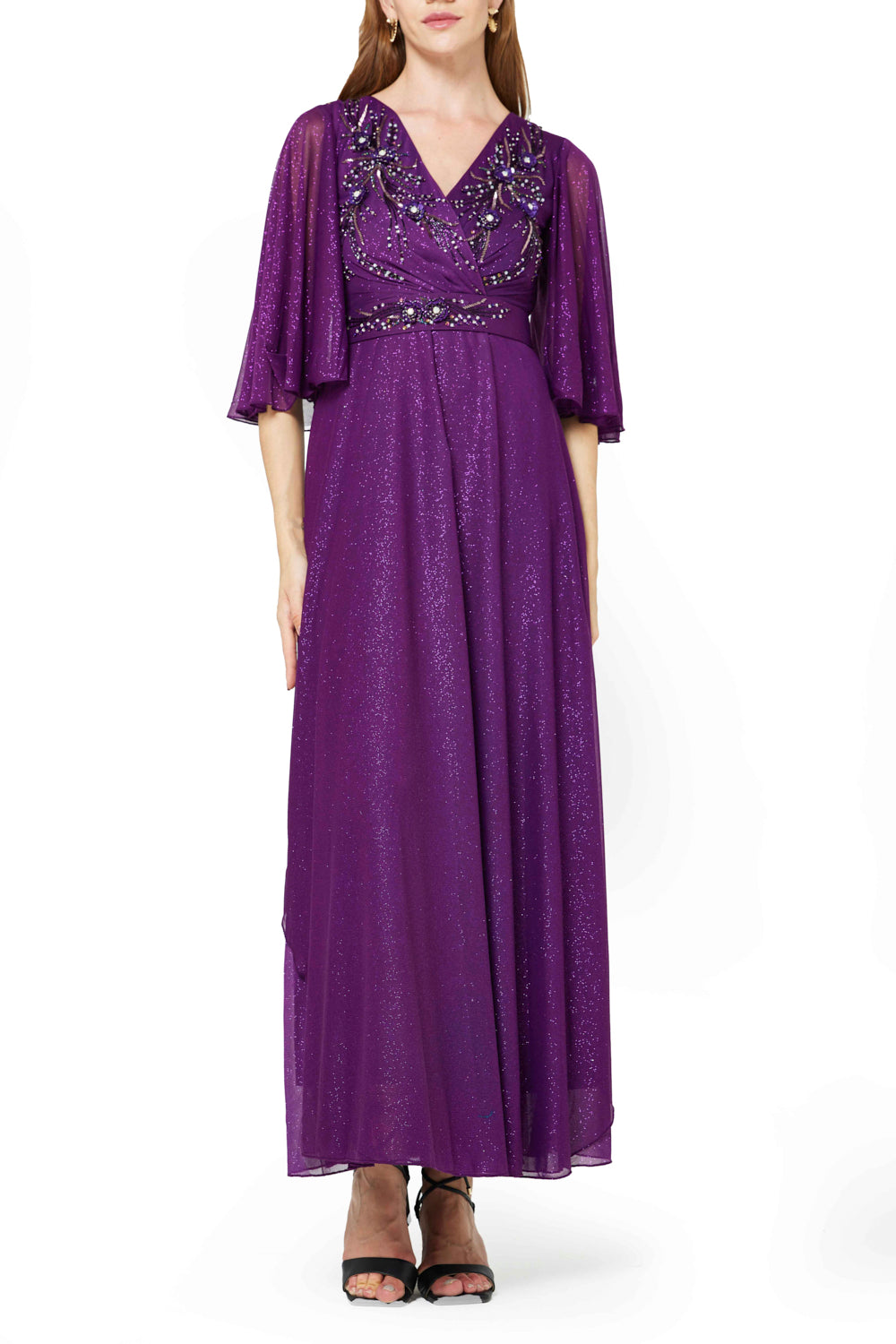 Shimmer Embellished Flutter Sleeve Dress