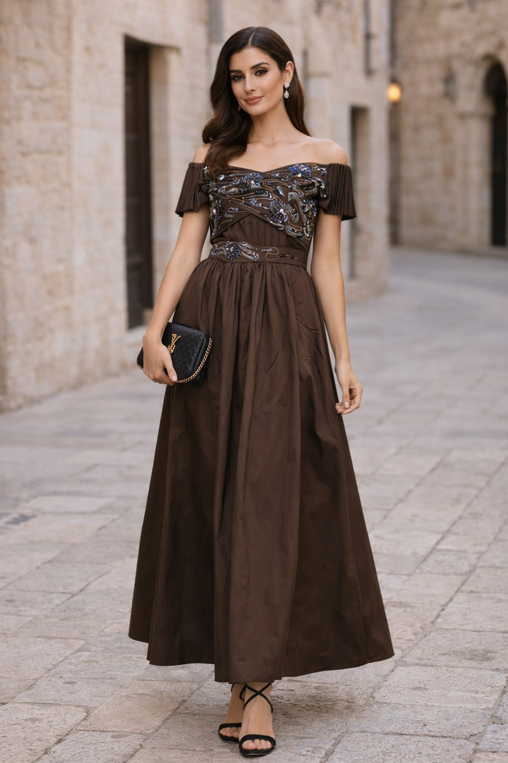 Floral Embellished Off-shoulder Gown