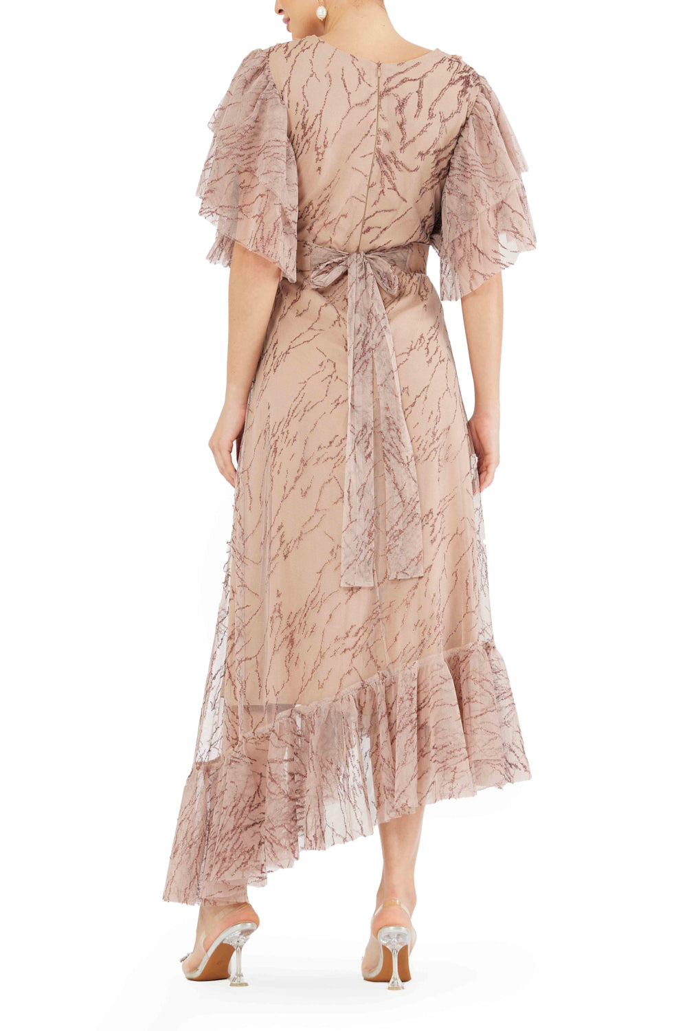 Ruffle Detail Embroidered Tulle Midi Dress