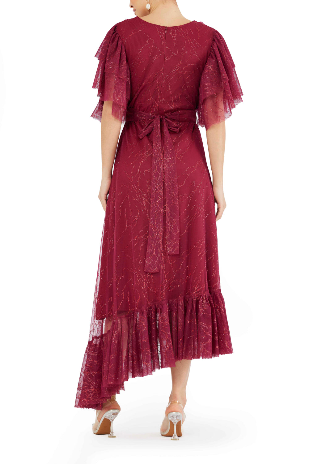 Ruffle Detail Embroidered Tulle Midi Dress