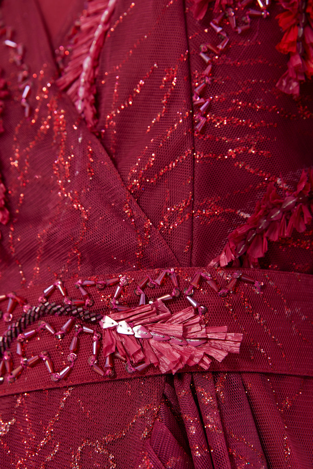 Ruffle Detail Embroidered Tulle Midi Dress