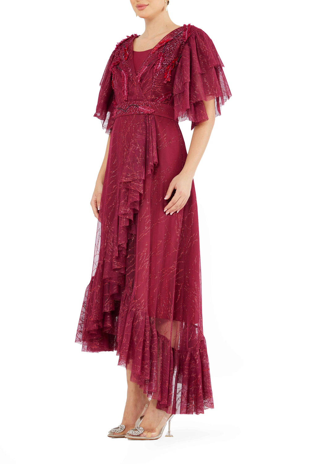 Ruffle Detail Embroidered Tulle Midi Dress