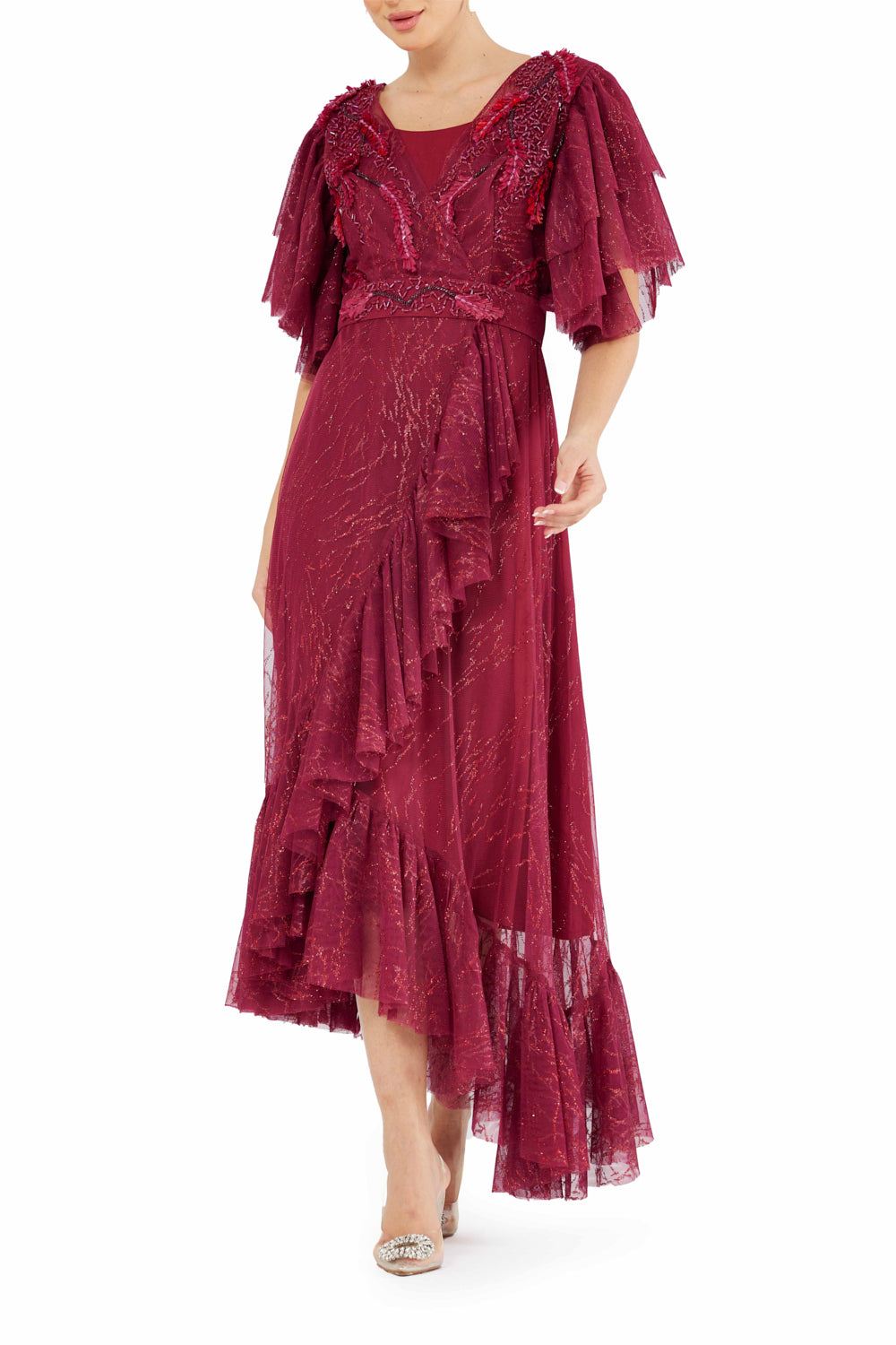 Ruffle Detail Embroidered Tulle Midi Dress