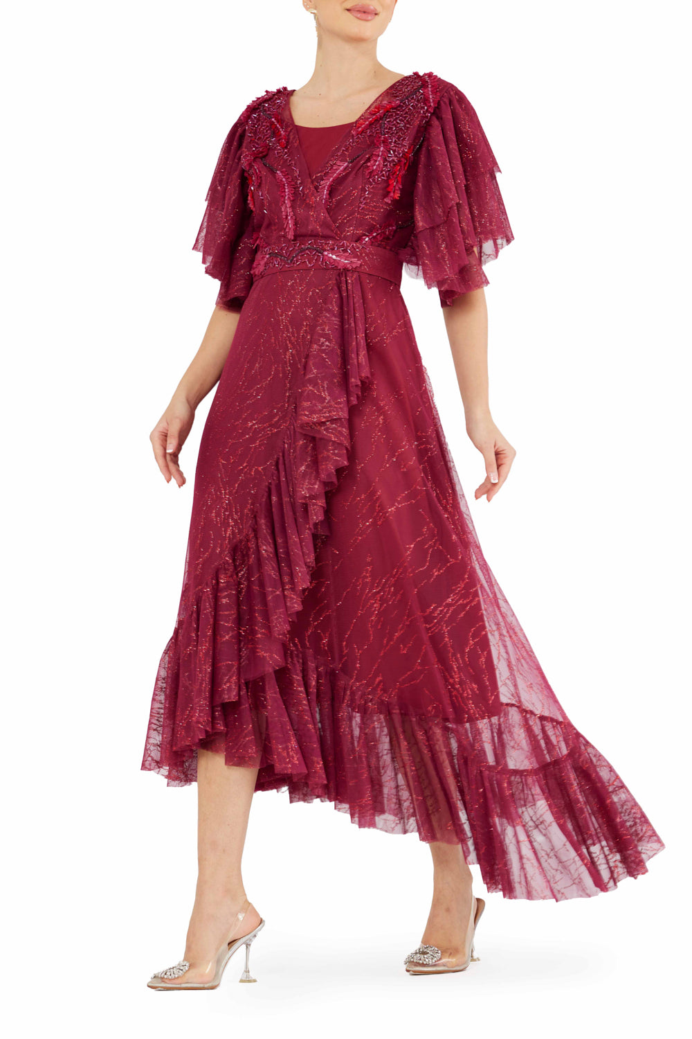 Ruffle Detail Embroidered Tulle Midi Dress