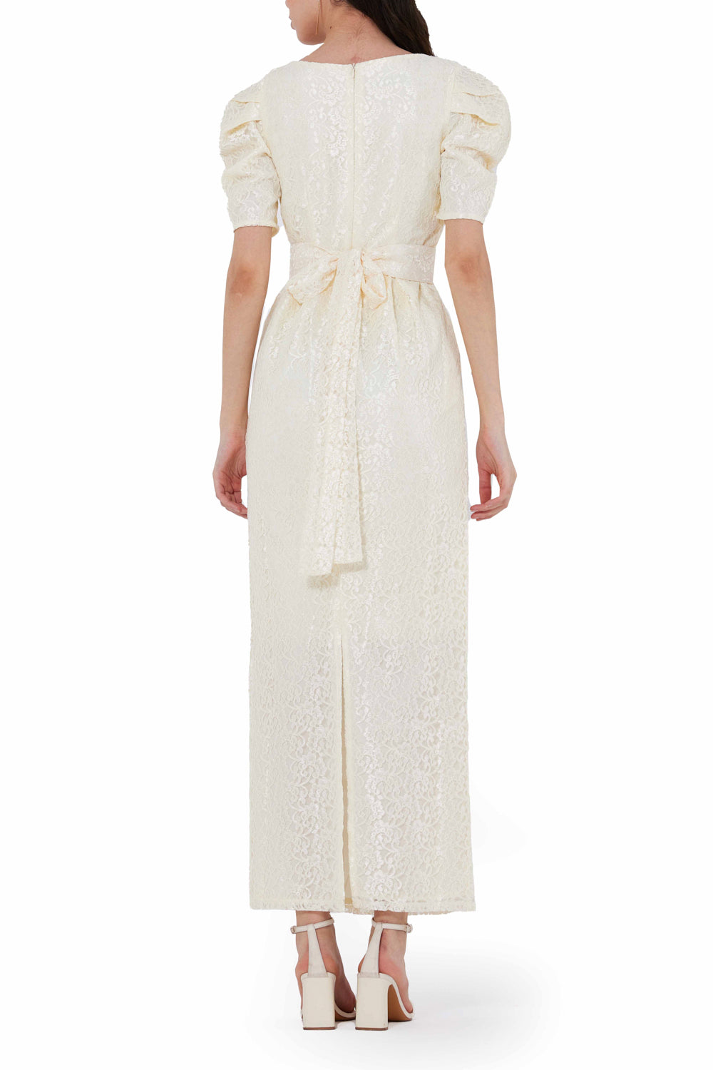 Lace Embellished Puff Sleeves Midi Dress