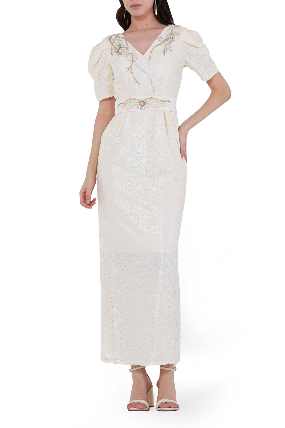 Lace Embellished Puff Sleeves Midi Dress