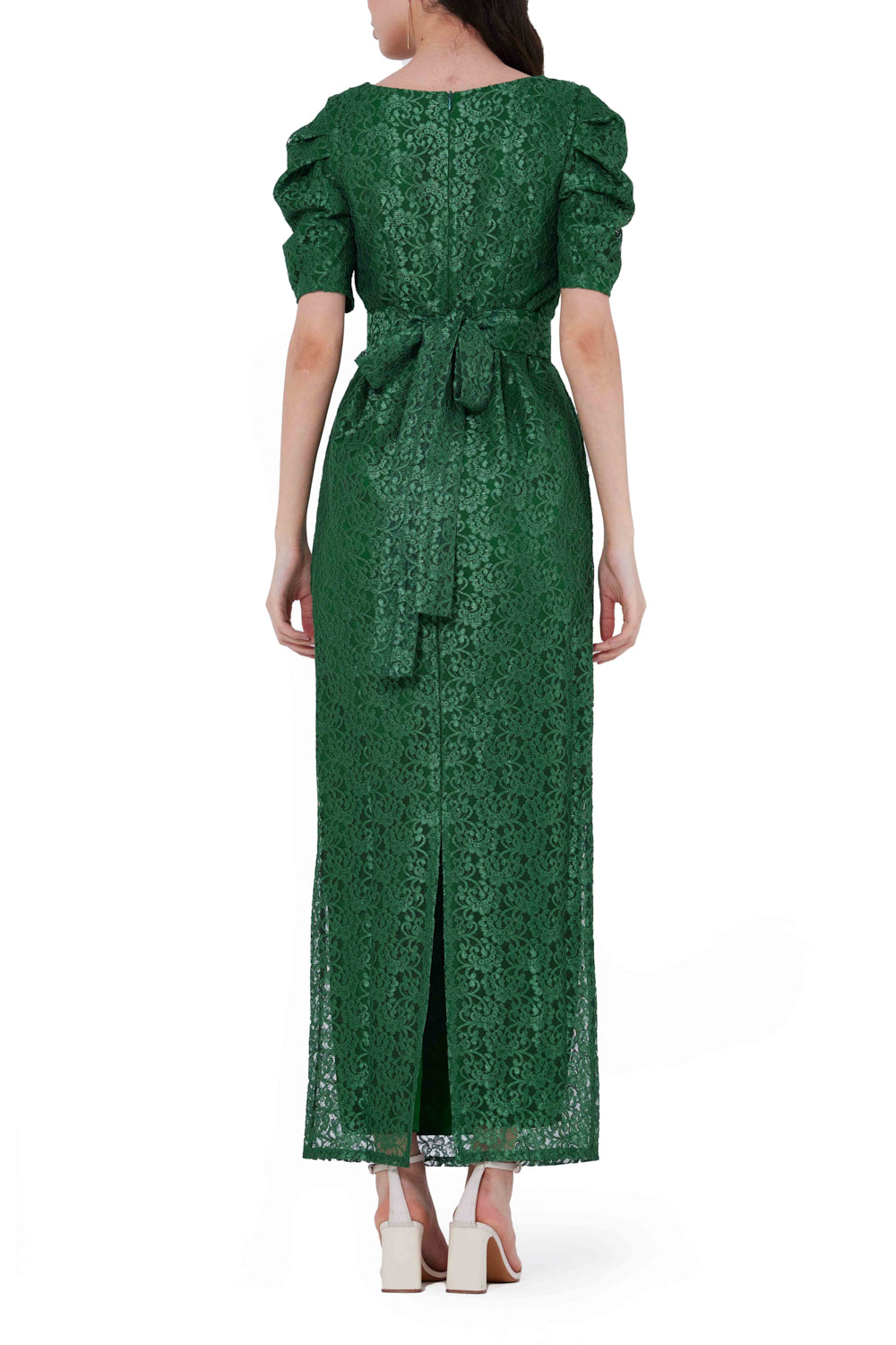 Lace Embellished Puff Sleeves Midi Dress