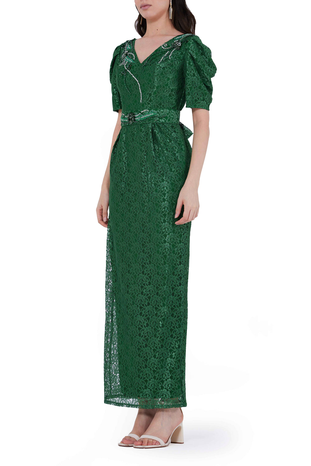 Lace Embellished Puff Sleeves Midi Dress