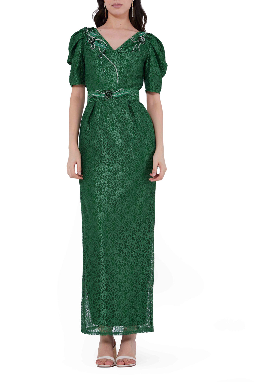 Lace Embellished Puff Sleeves Midi Dress