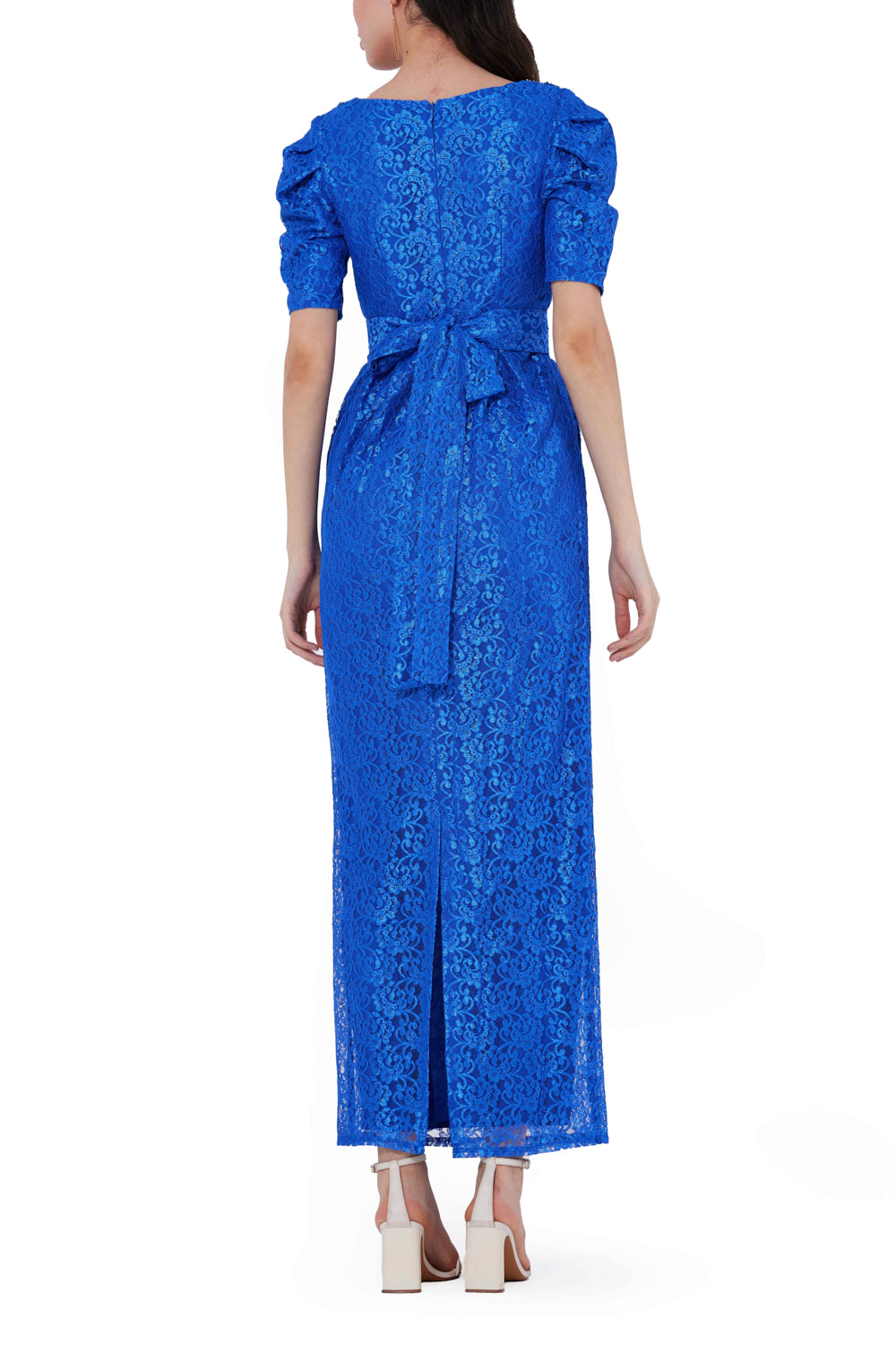 Lace Embellished Puff Sleeves Midi Dress