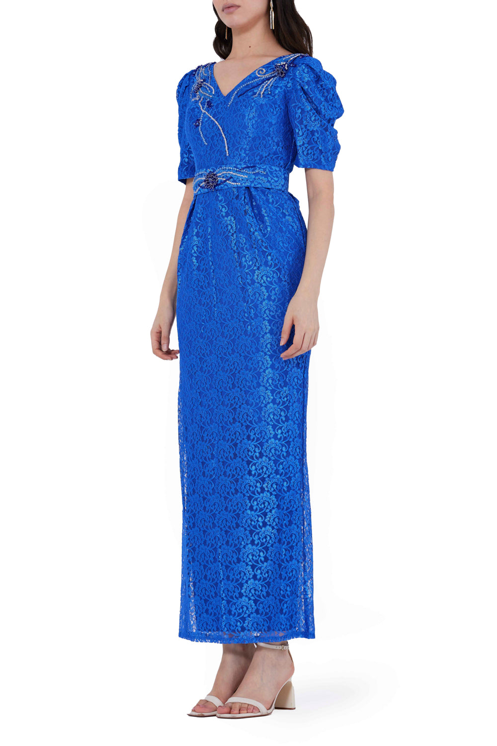 Lace Embellished Puff Sleeves Midi Dress