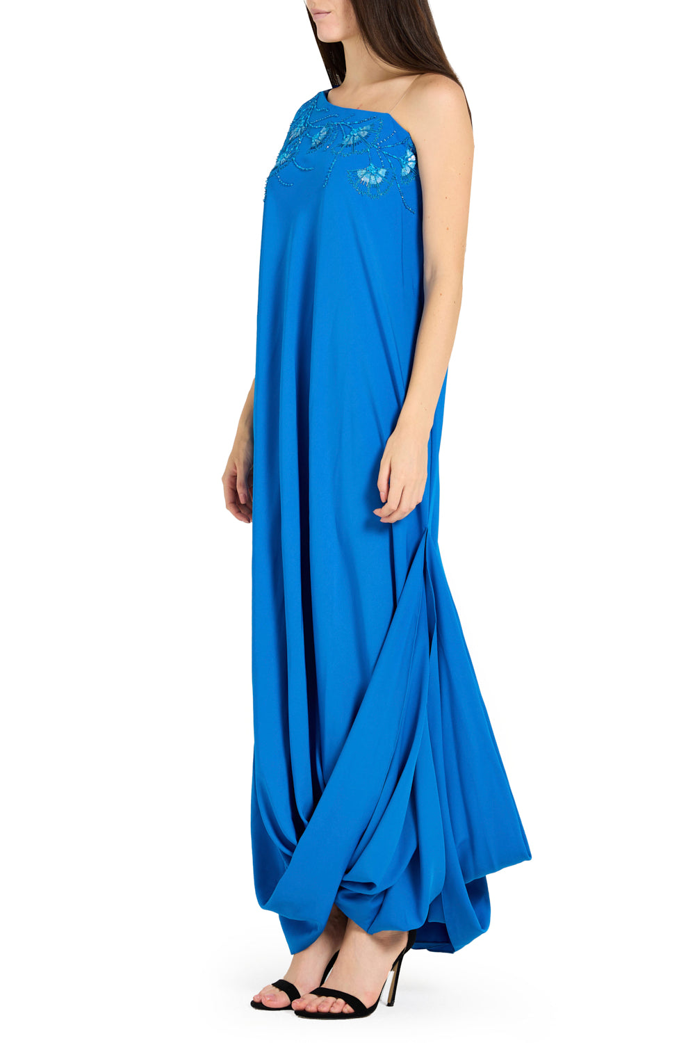 Embellished One-Shoulder Drape Gown