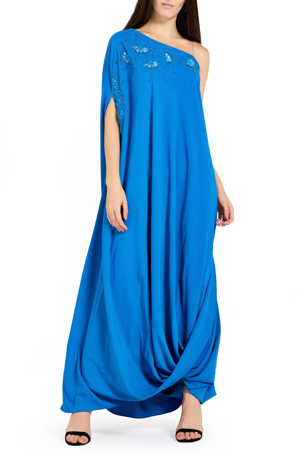 Embellished One-Shoulder Drape Gown