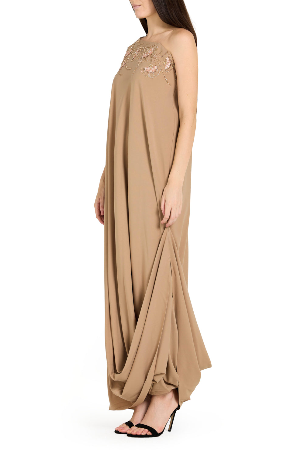 Embellished One-Shoulder Drape Gown