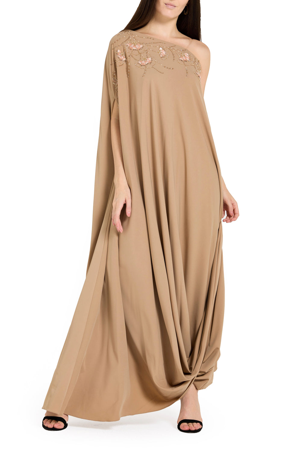 Embellished One-Shoulder Drape Gown