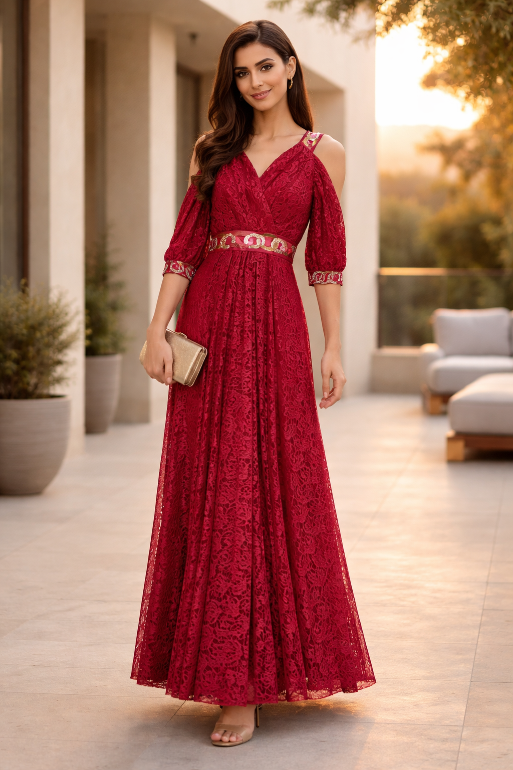 Embellished Cold-Shoulder Lace Gown