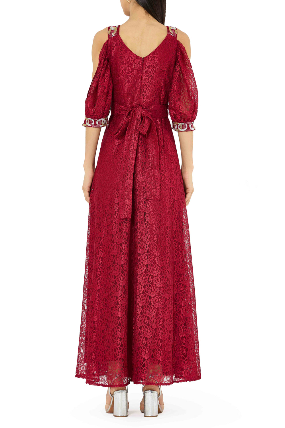 Embellished Cold-Shoulder Lace Gown