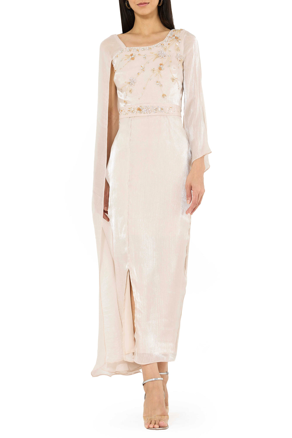 Floral Accent Embellished Cape Dress