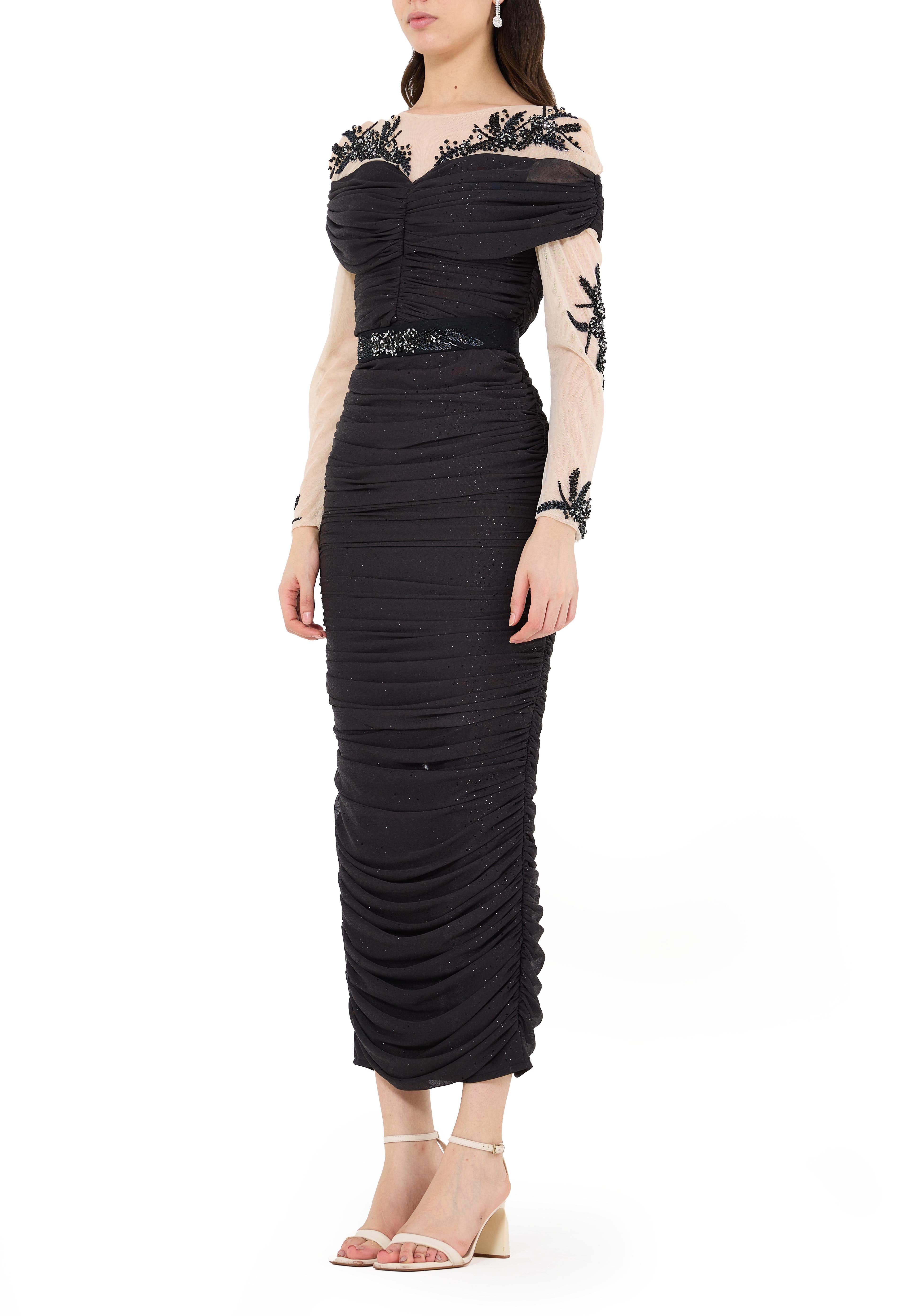 All-Over Ruched Embellished Gown
