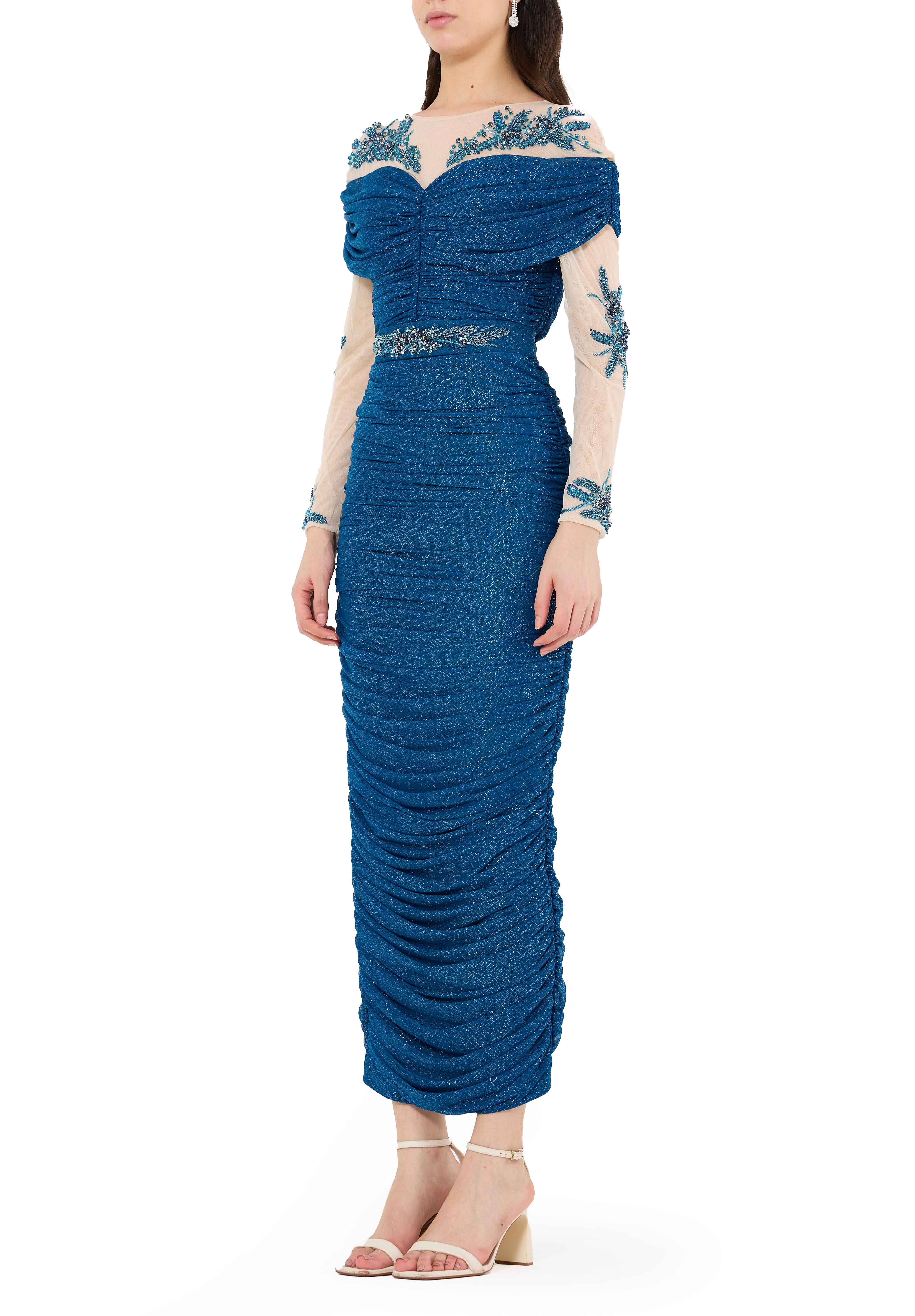 All-Over Ruched Embellished Gown