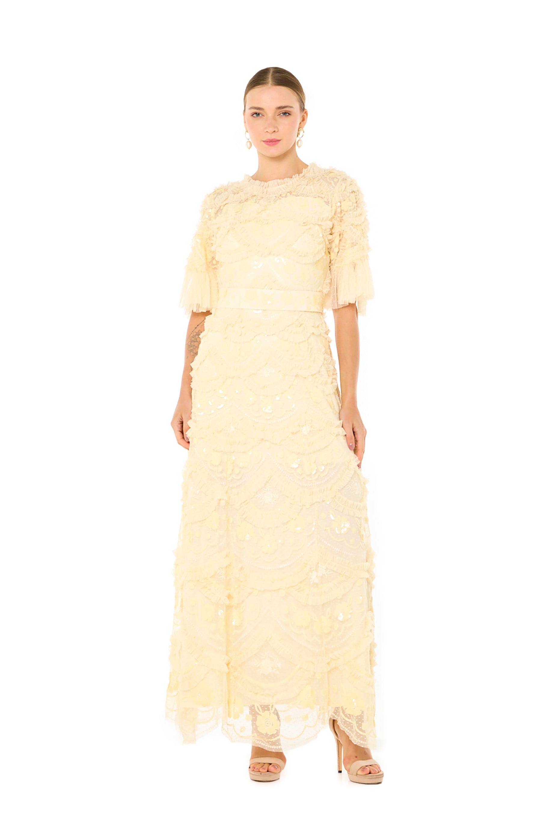 Embellished Lace Sequin Dress with Flutter Sleeves