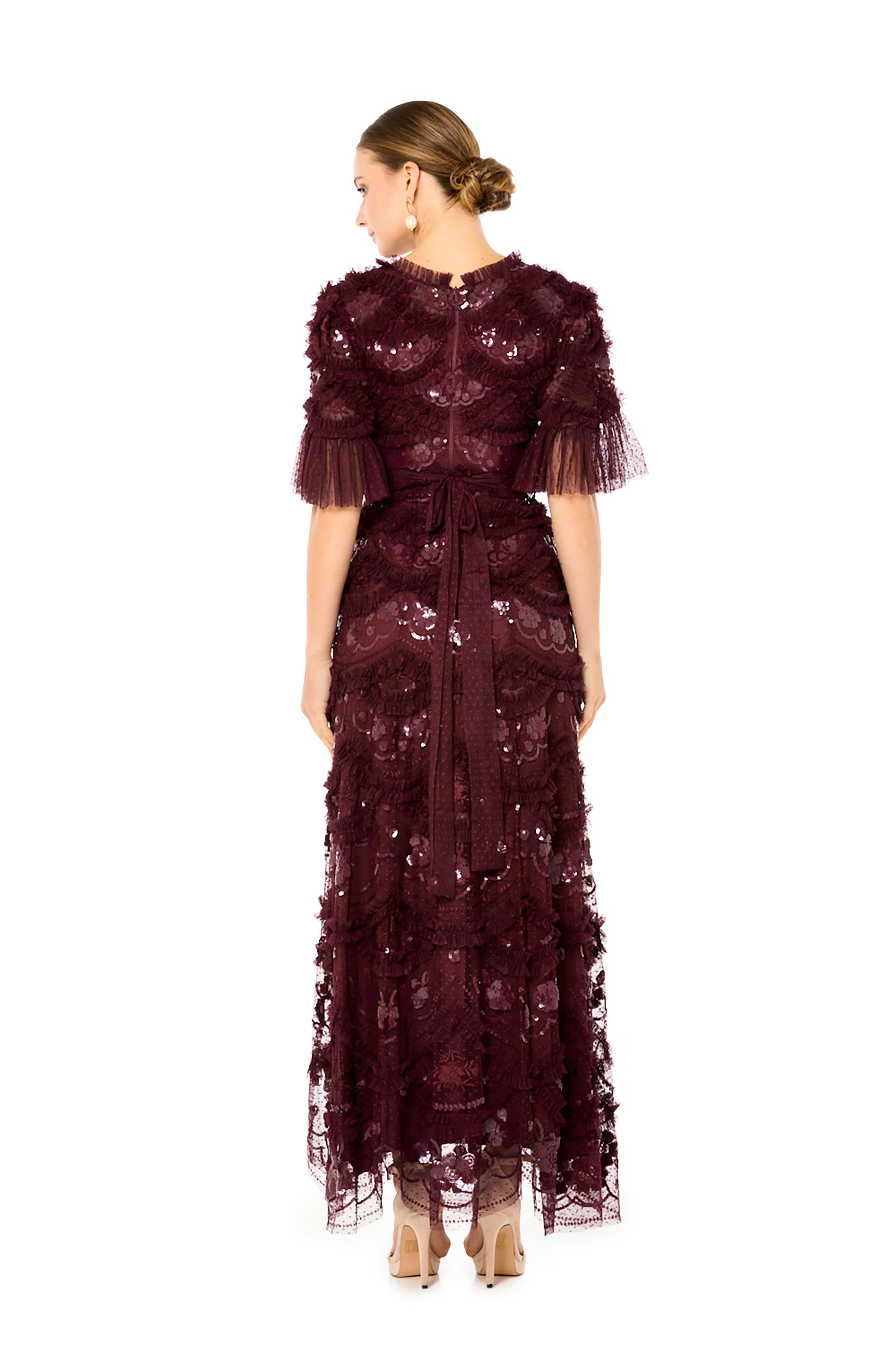 Embellished Lace Sequin Dress with Flutter Sleeves