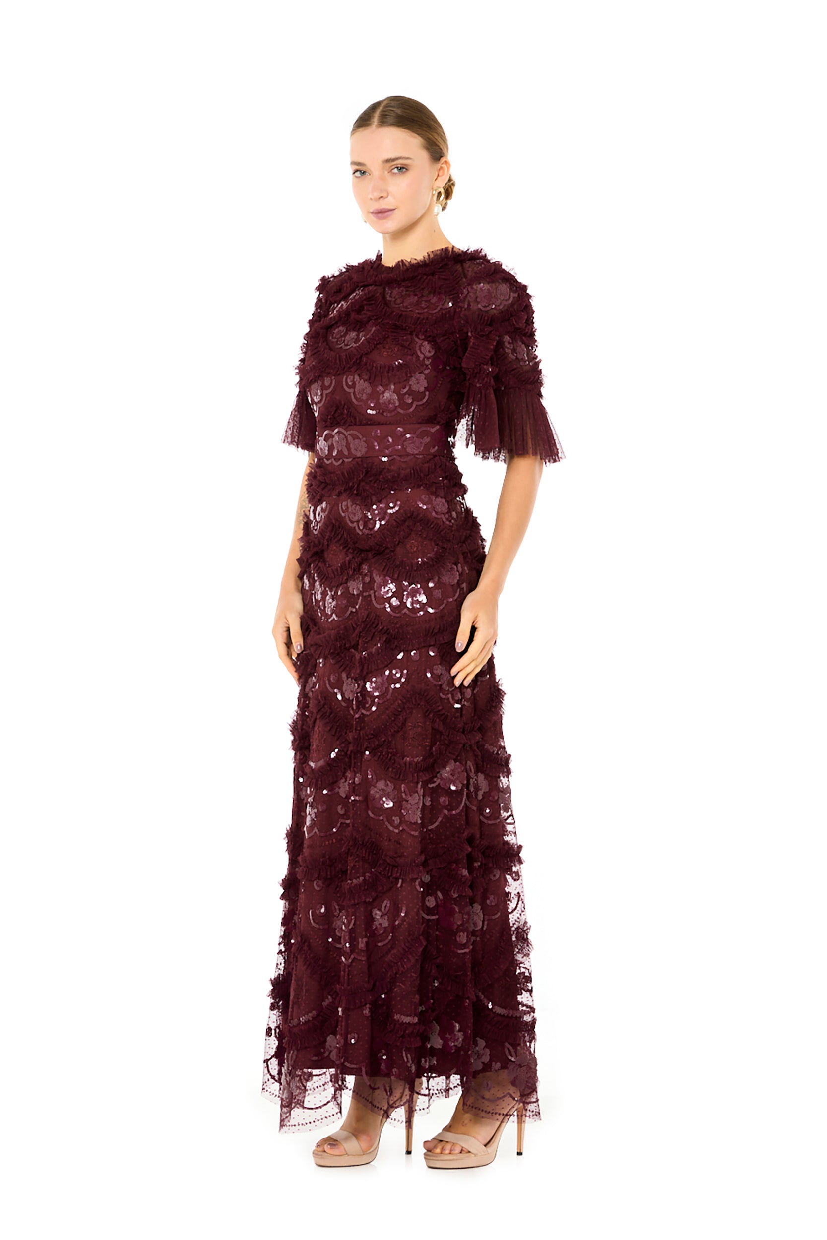Embellished Lace Sequin Dress with Flutter Sleeves