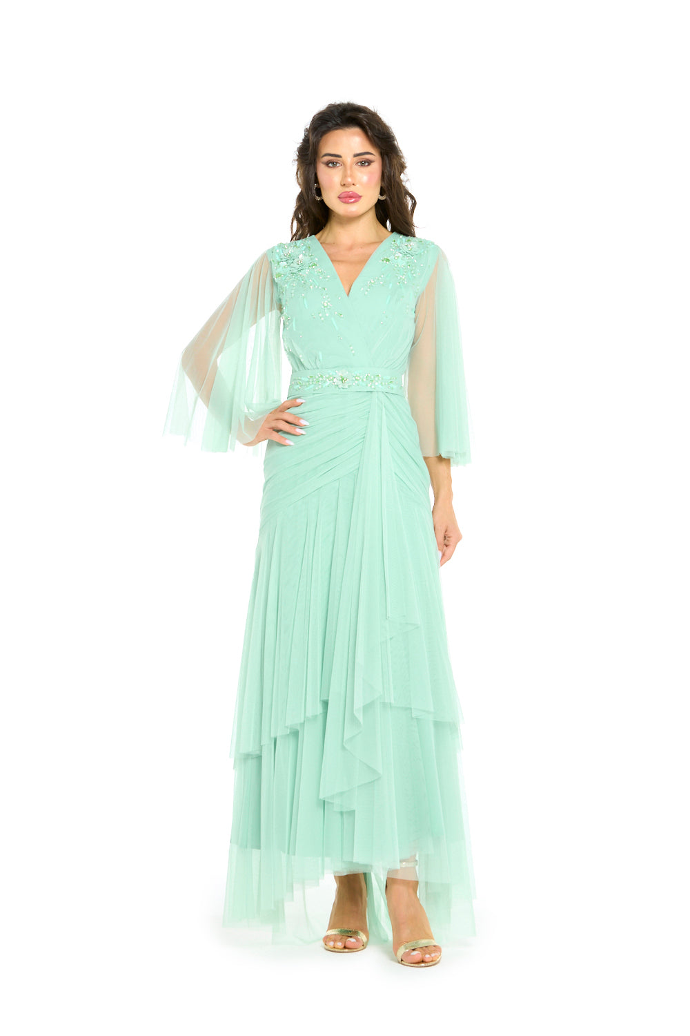 Embellished V-Neck Pleated Tulle Gown