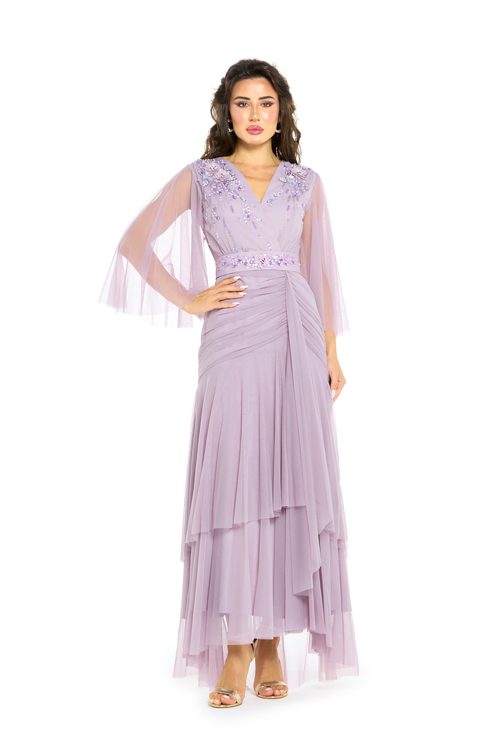 Embellished V-Neck Pleated Tulle Gown