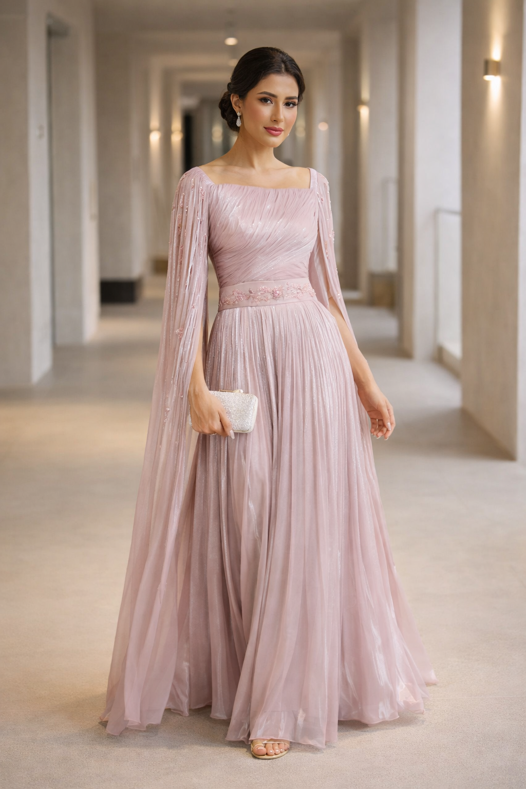 Draped Metallic Shimmer Cape Gown