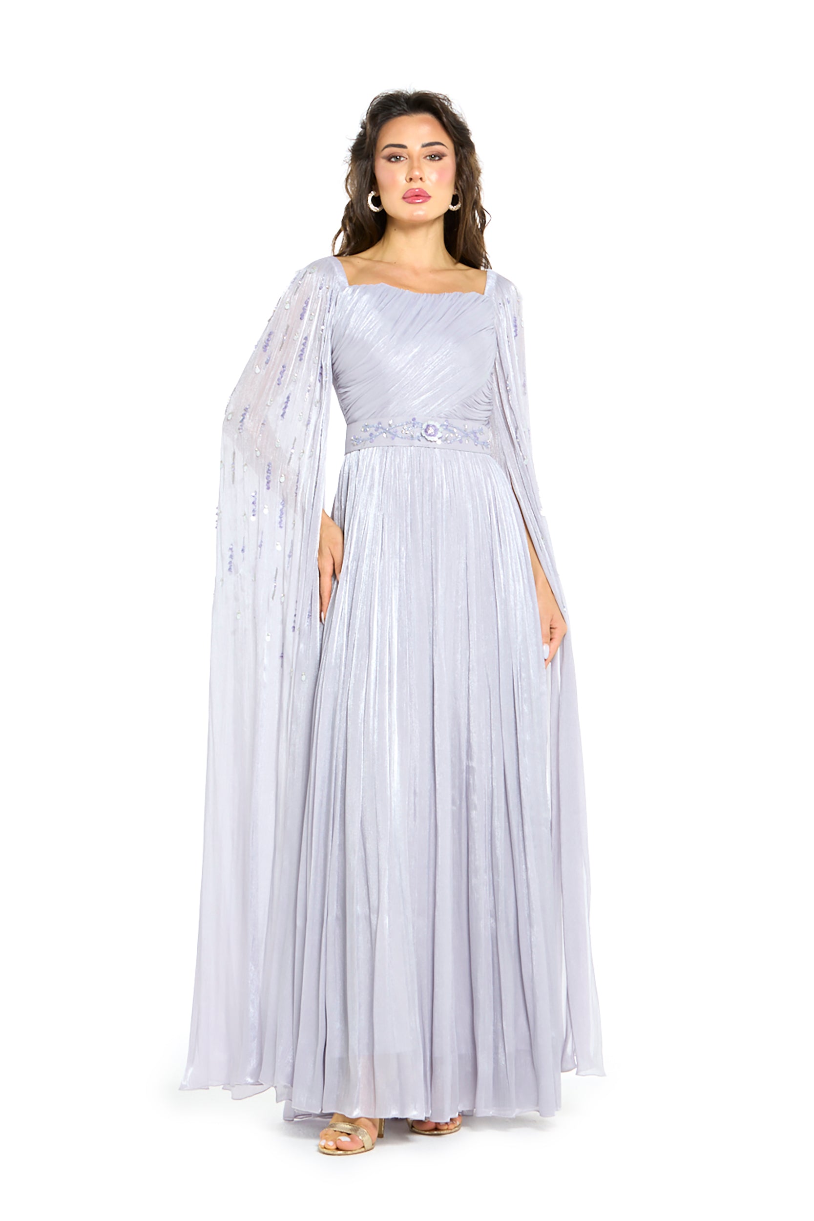 Draped Metallic Shimmer Cape Gown