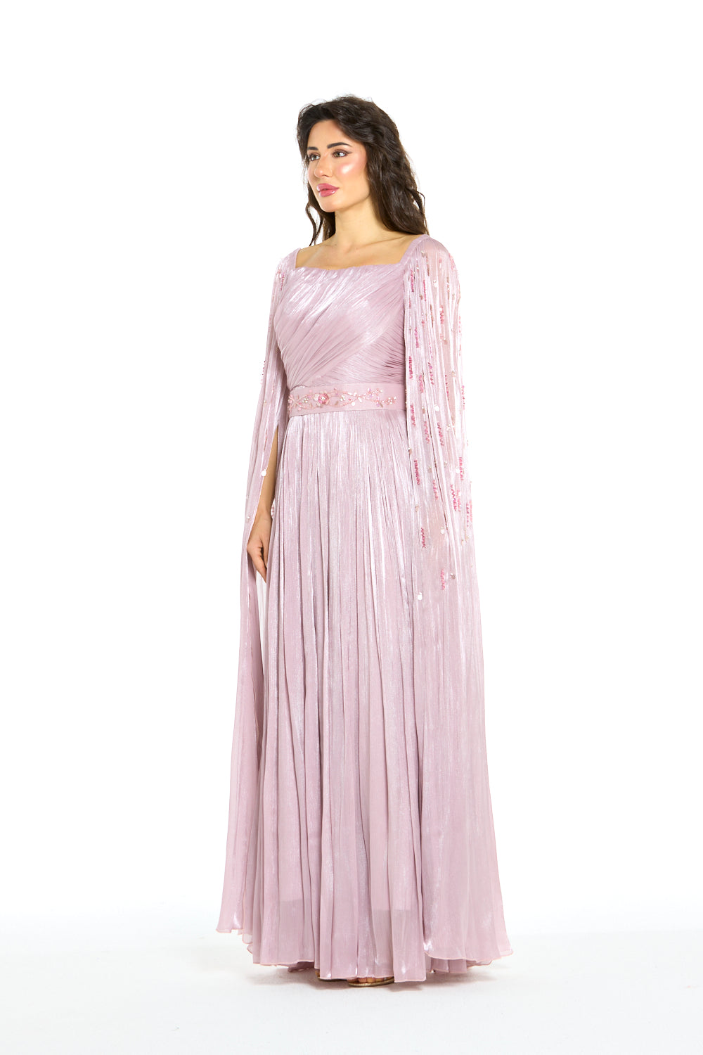 Draped Metallic Shimmer Cape Gown