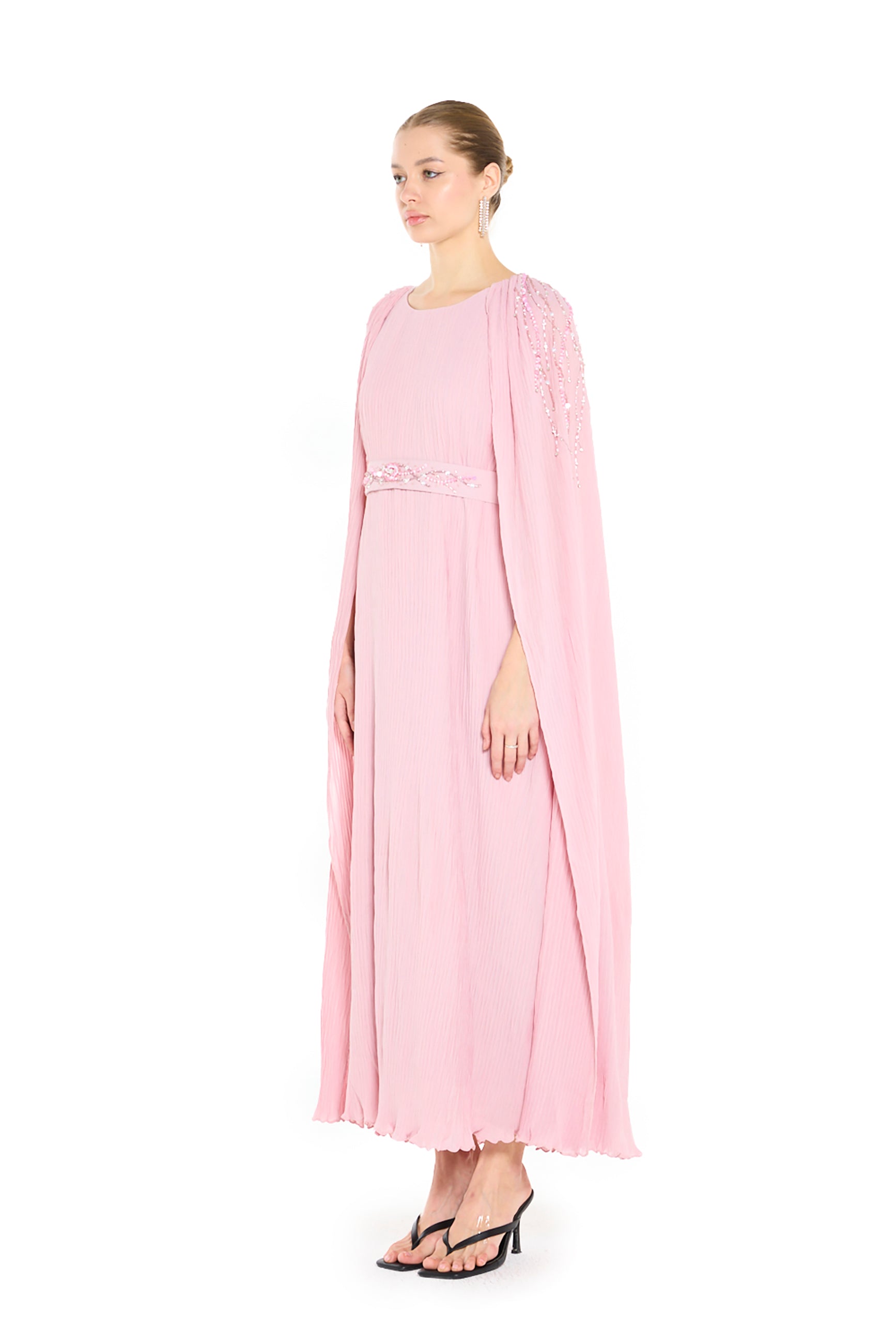 Pleated Embellished Cape Overlay Dress