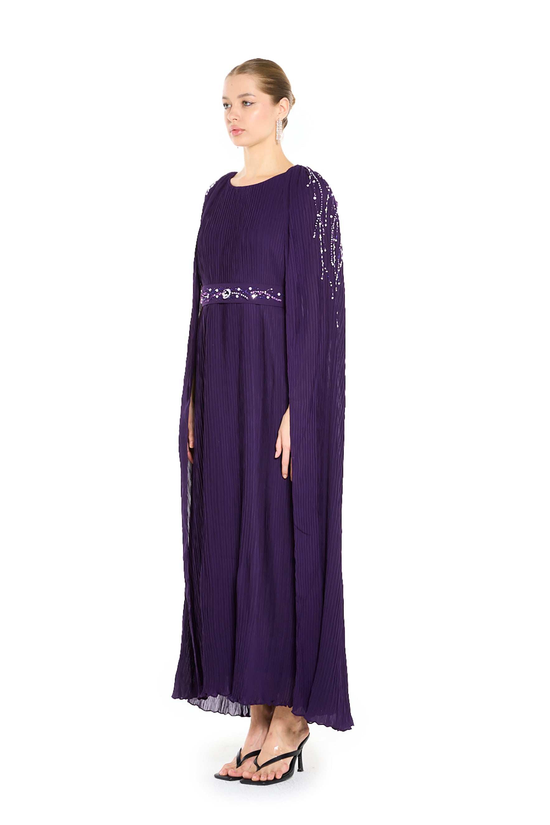 Pleated Embellished Cape Overlay Dress