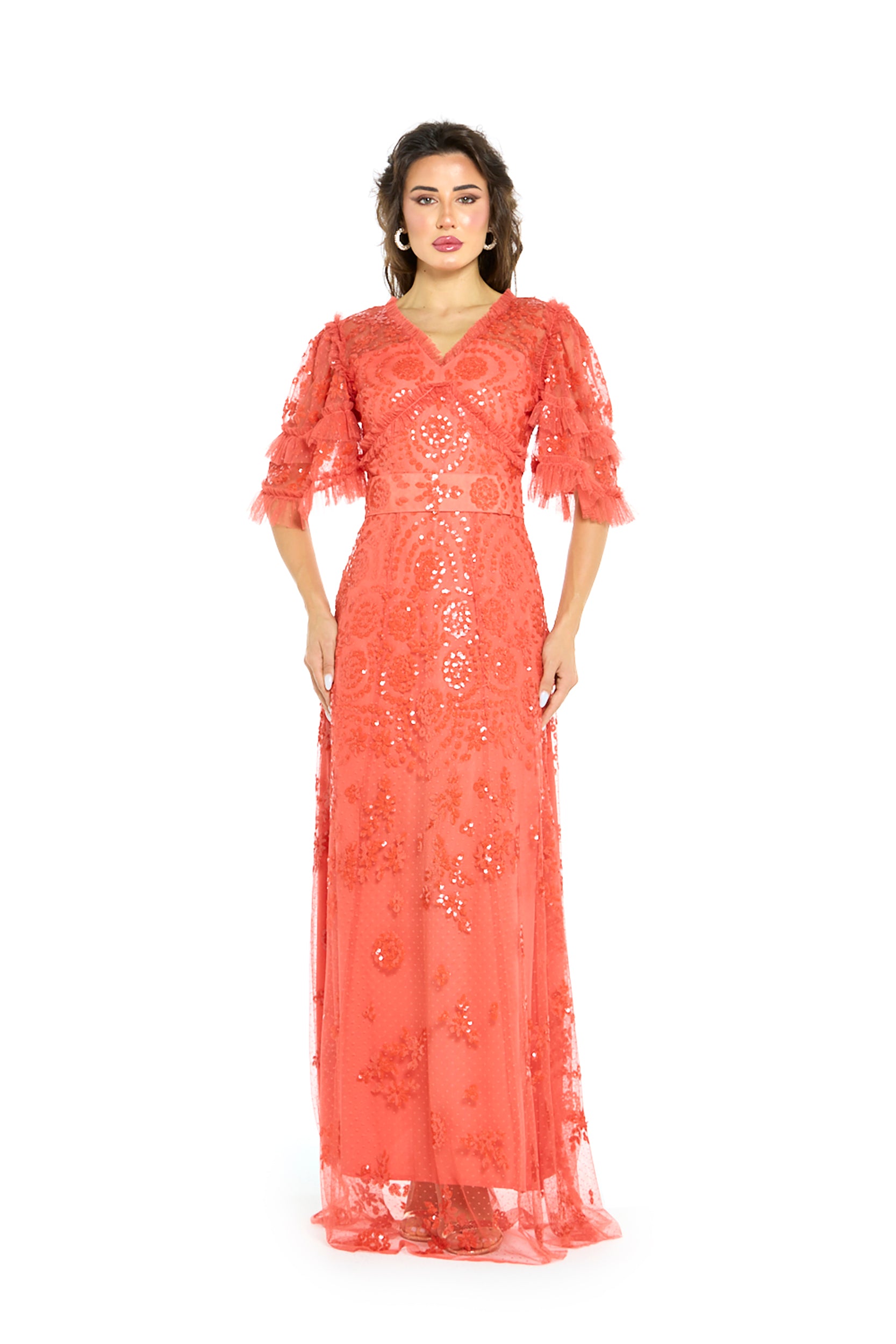 Coral Glamour Sequin Gown with Flutter Sleeves