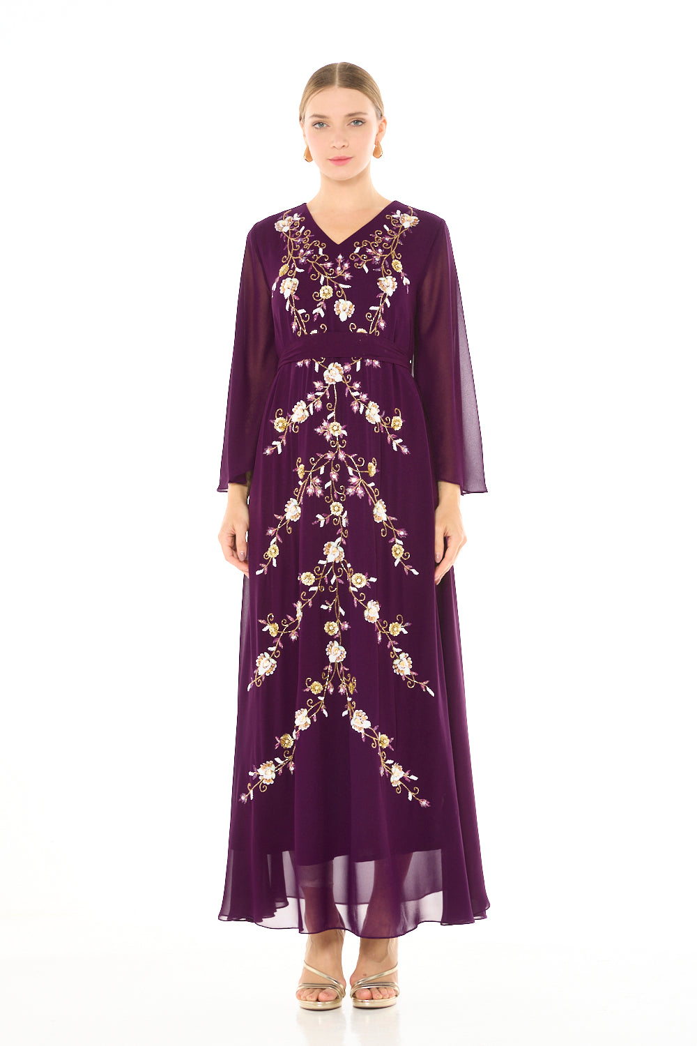 Floral Vine Embroidered Evening Gown