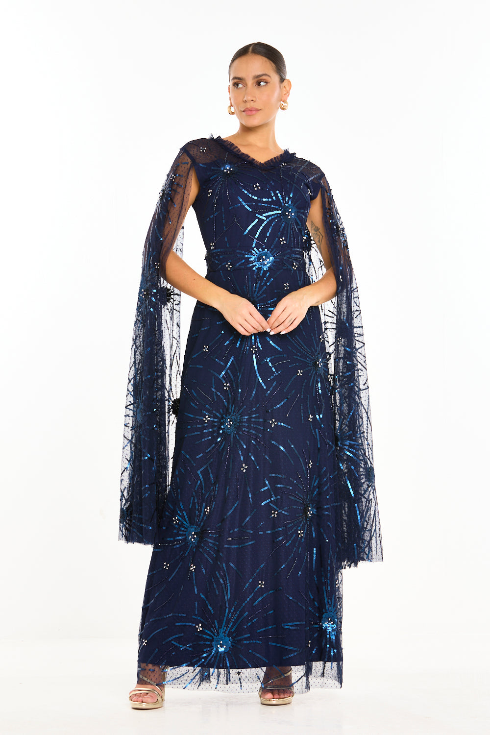 Starburst Embellished Cape Sleeve Gown