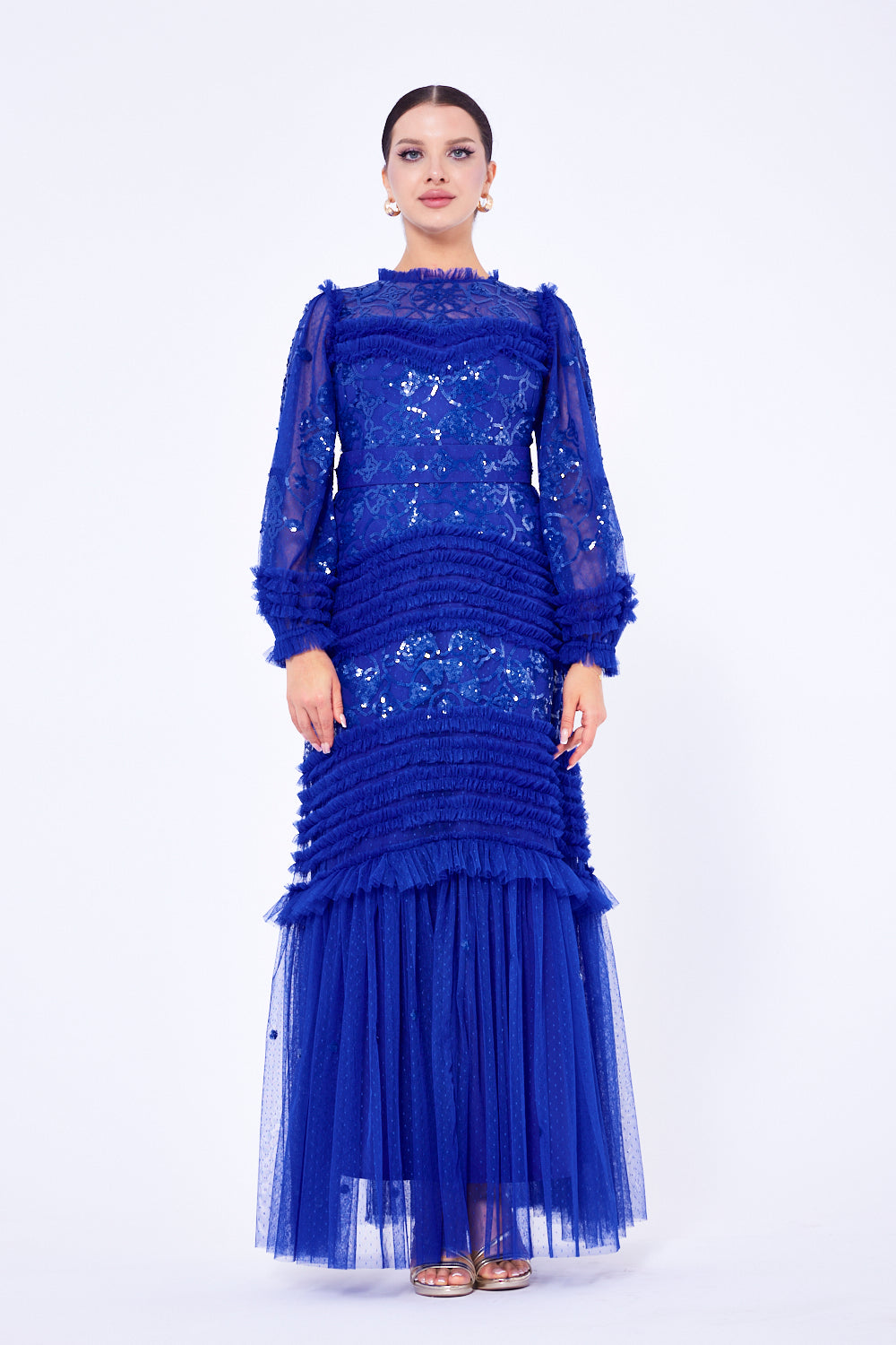 Tiered Ruffle Lace Tulle Gown