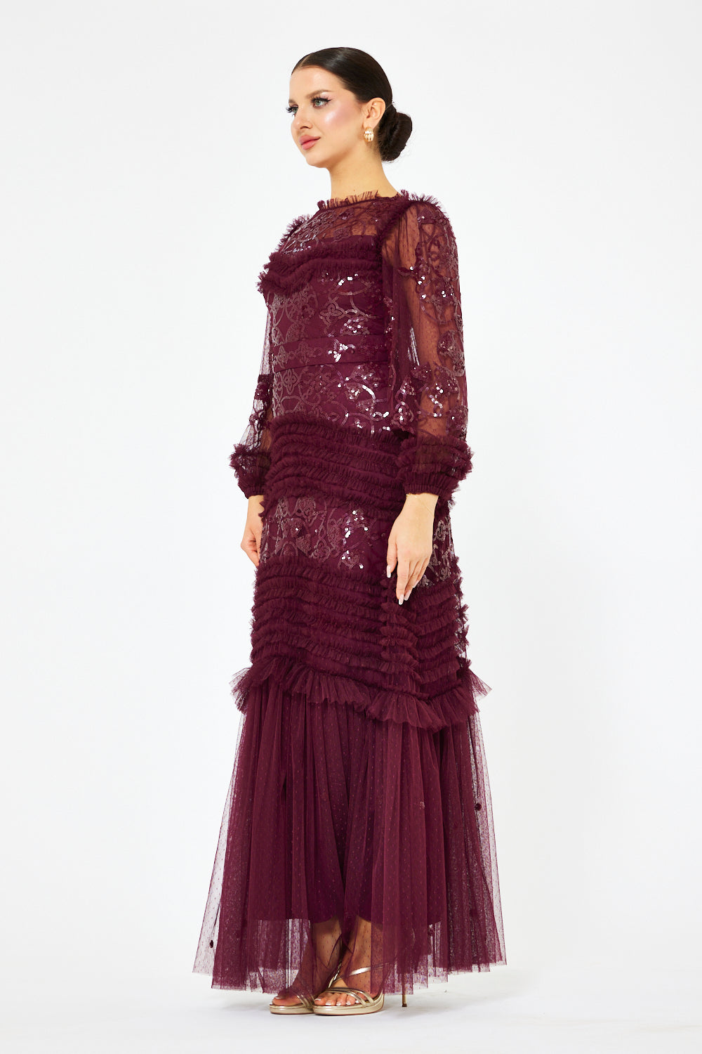 Tiered Ruffle Lace Tulle Gown