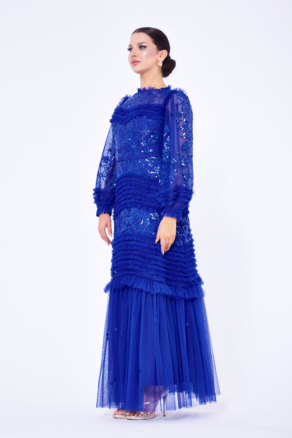 Tiered Ruffle Lace Tulle Gown