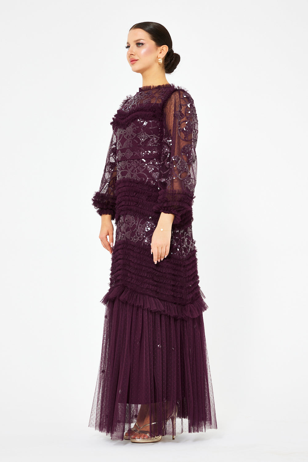 Tiered Ruffle Lace Tulle Gown