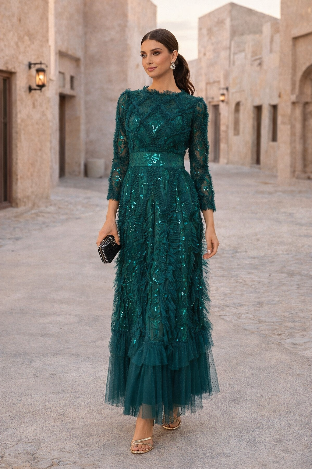Ruffle Textured Embellished Long Sleeve Gown