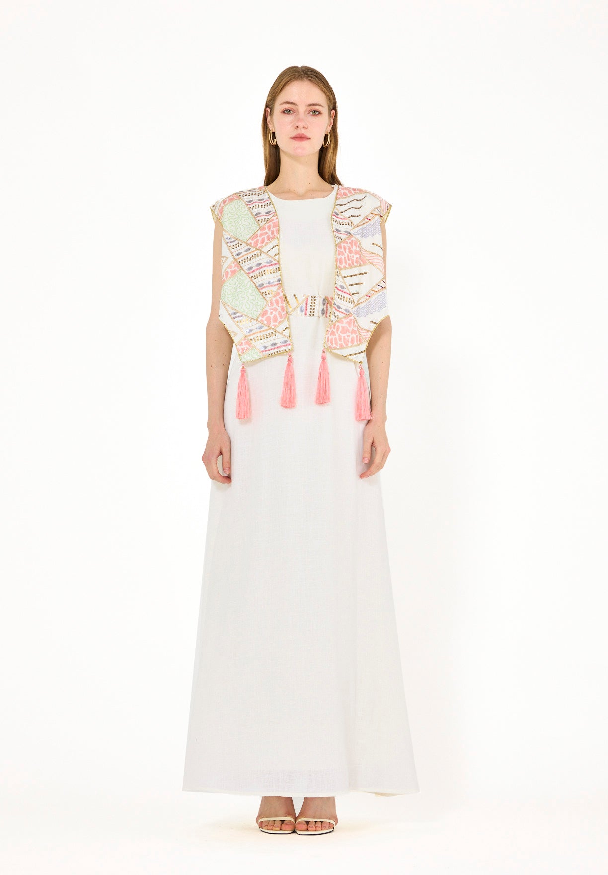 A-Line Dress With Contrast Fusion Embroidered Vest
