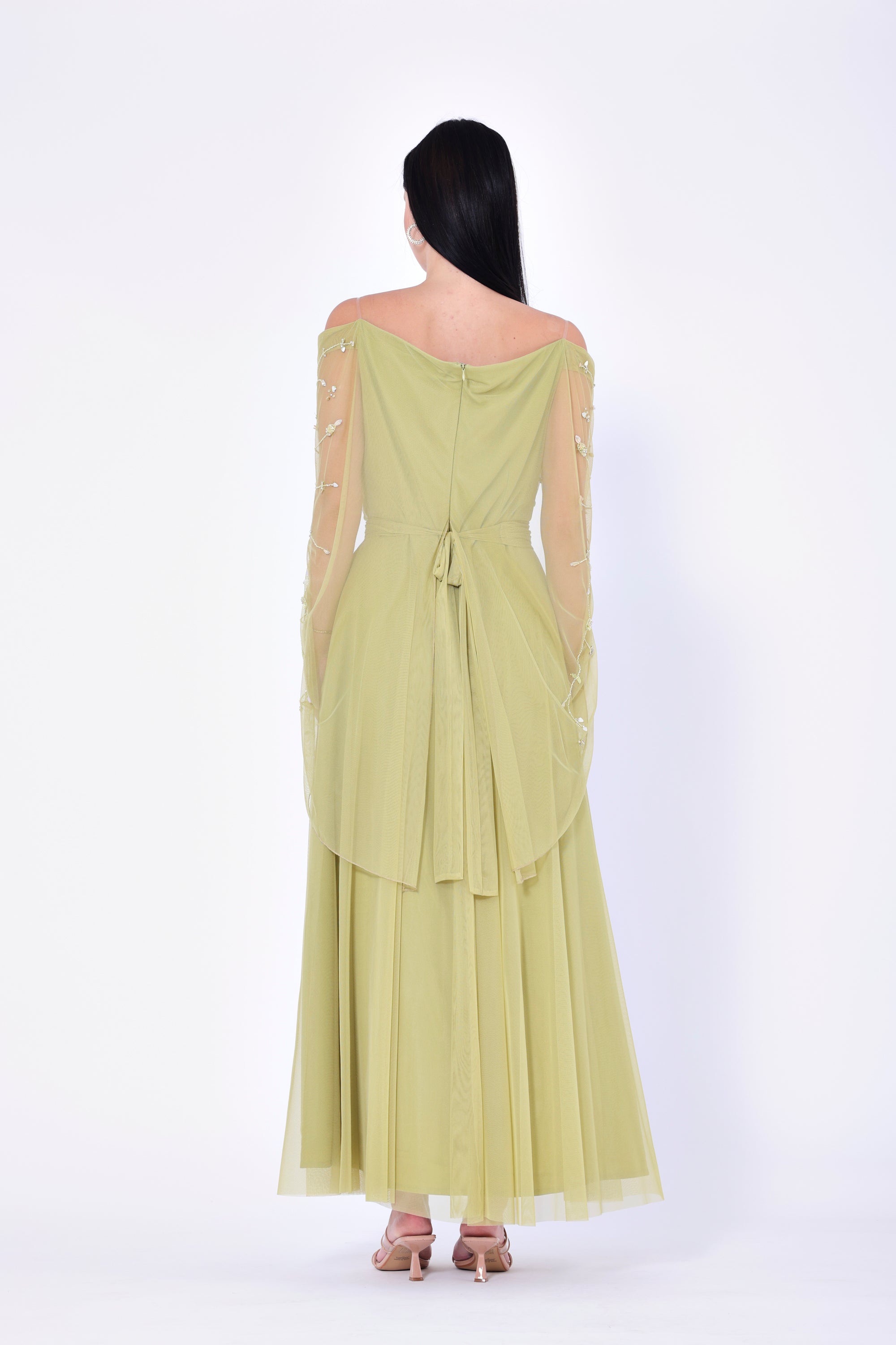 3D Floral Embellished Draped Off-The-Shoulder Gown