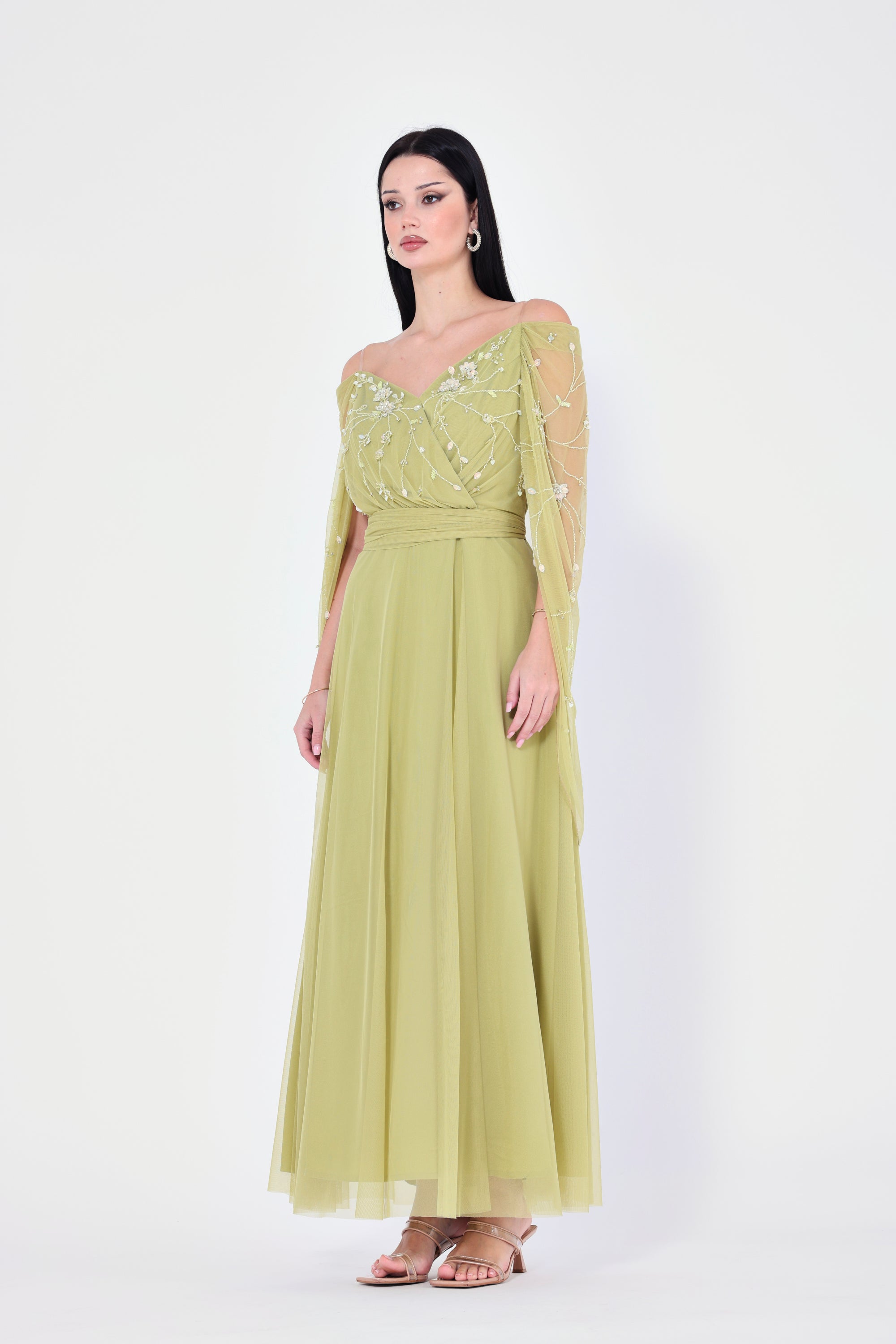 3D Floral Embellished Draped Off-The-Shoulder Gown